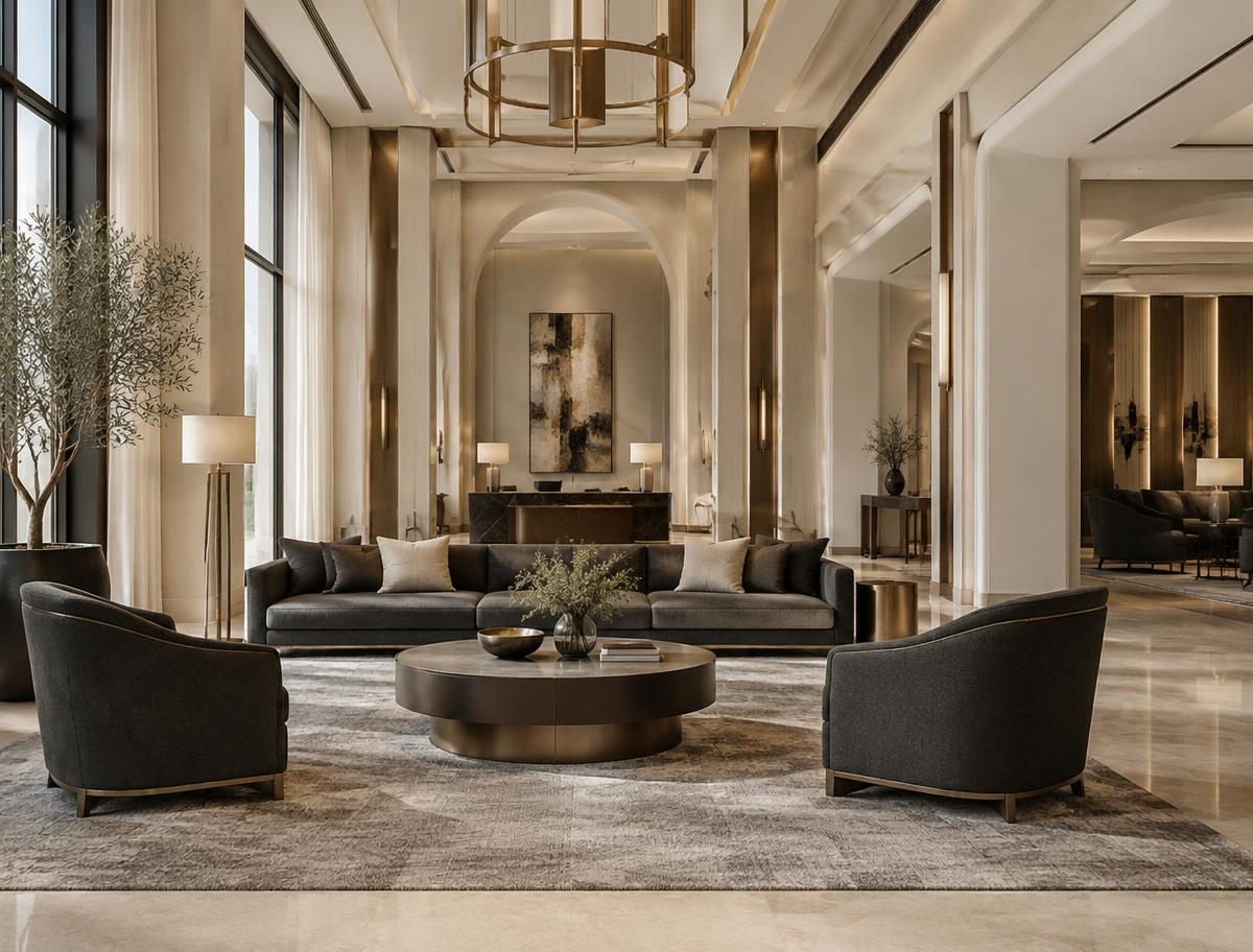 Refined hotel lobby with bronze accents