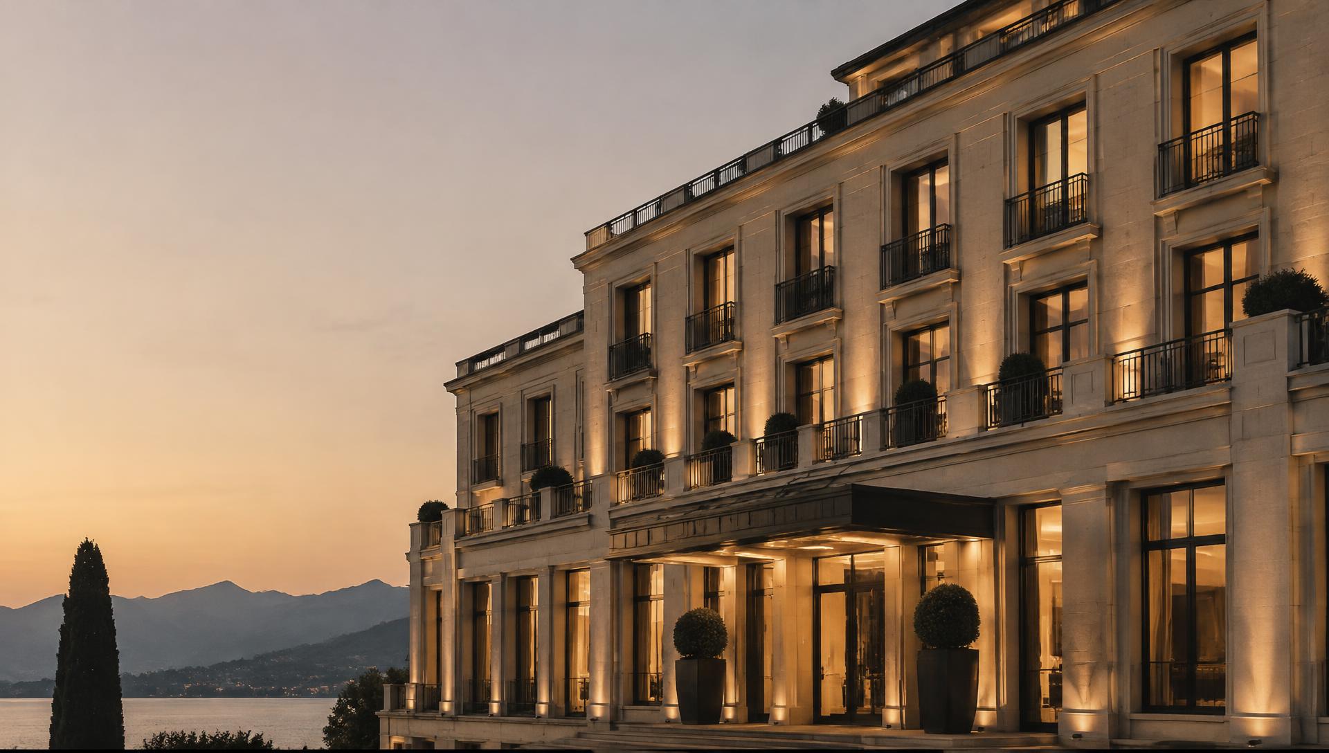 Hotel facade at dusk with warmly lit windows